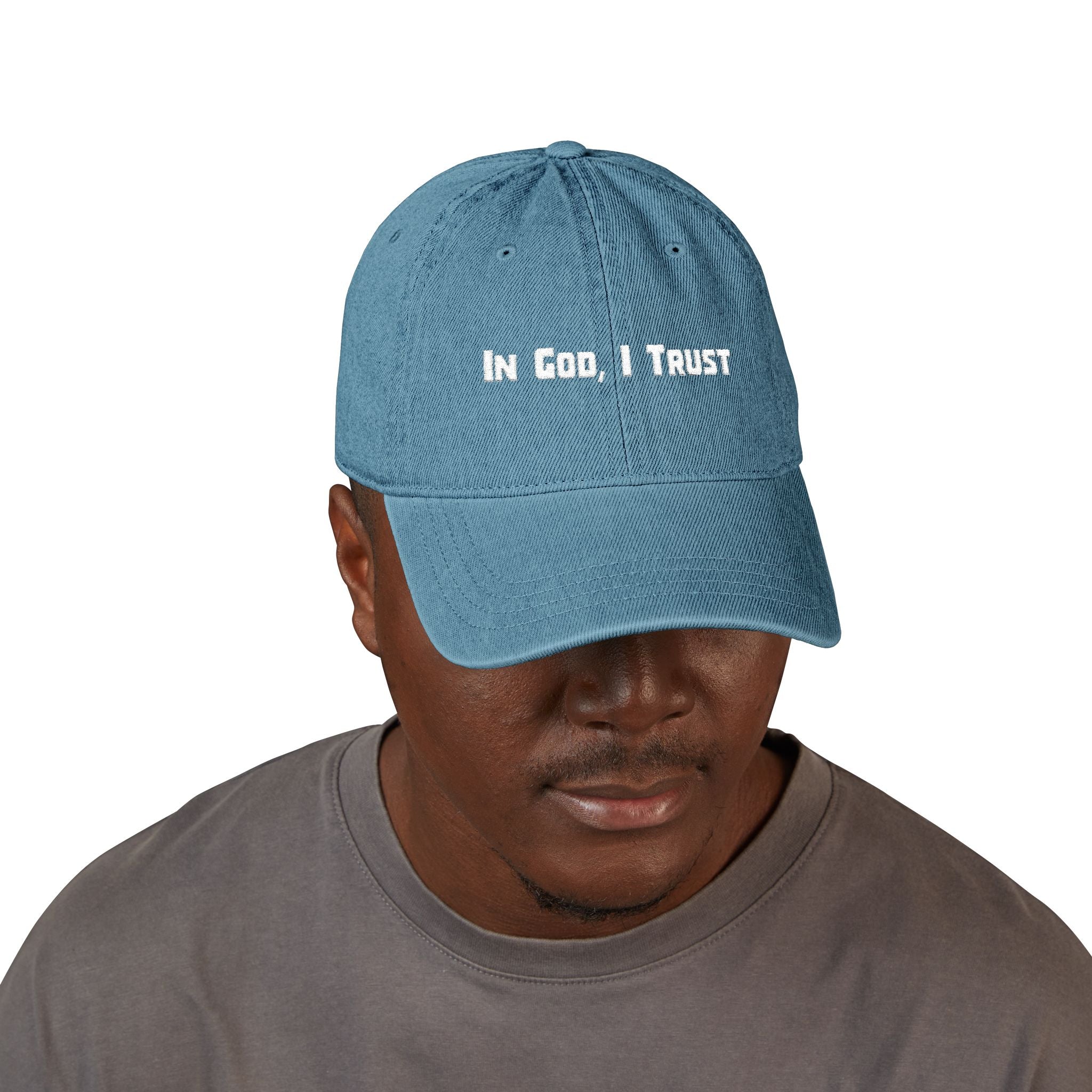 Inspirational Embroidered Denim Hat – In God I Trust